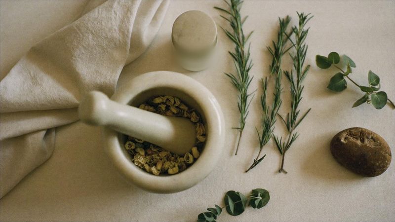 A stone mortar and pestle holding dried botanicals on pale linen, with sprigs of rosemary, eucalyptus and a smooth river stone laid alongside.